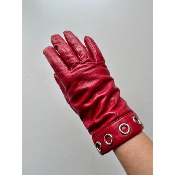 KENNETH COLE REACTION Red Leather Grommet Trim Wool Knit Lined Gloves, Size 7.5 - Picture 9 of 16